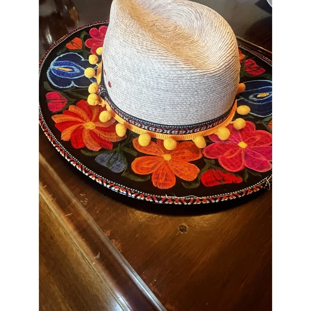 Palma Fedora Style Embroidered Floral Brim Hat Made‎ in Mexico Medium Pom Poms